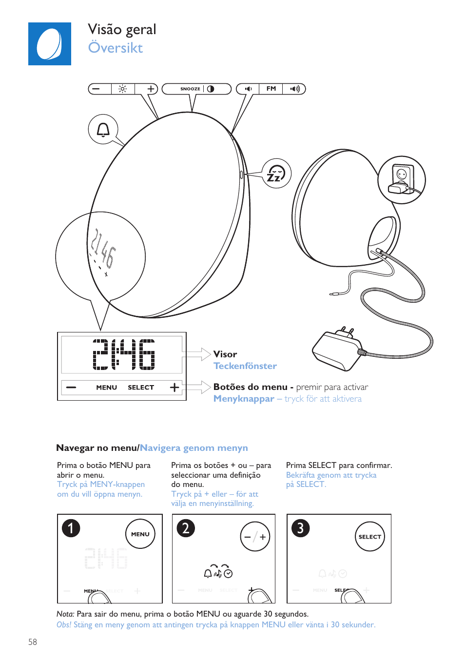 Visão geral, Översikt, Visão geral översikt | Philips Wake-up Light User Manual | Page 58 / 72