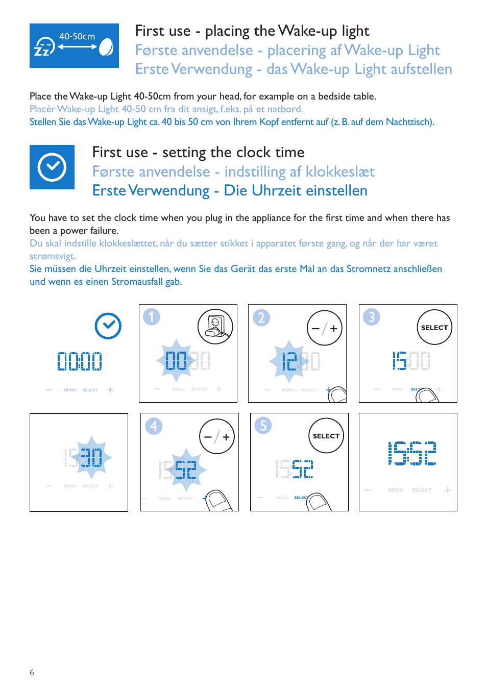 Clock time, Klokkeslæt, Uhrzeit | Philips Wake-up Light User Manual | Page 6 / 72