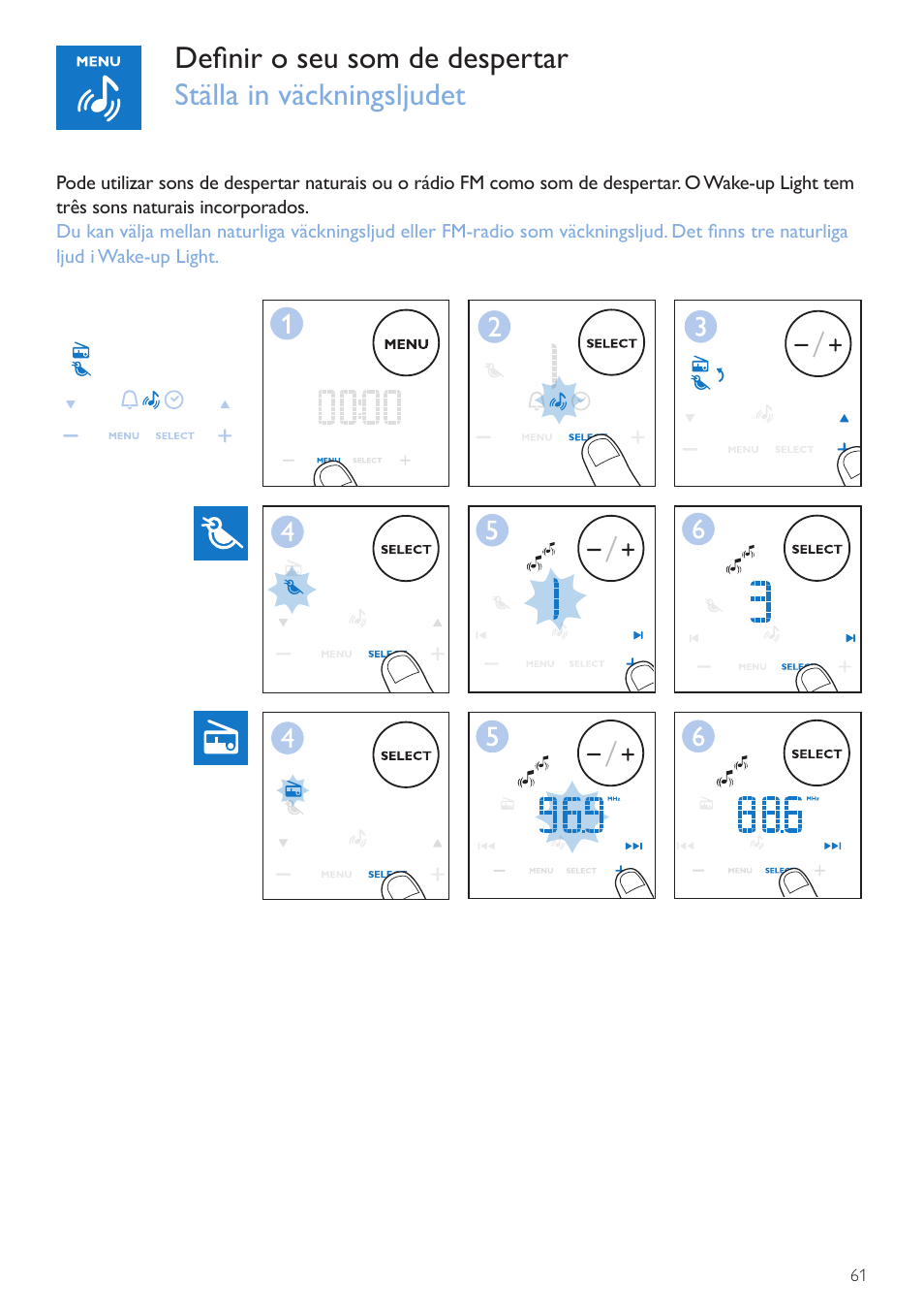 Som de despertar, Väckningsljud | Philips Wake-up Light User Manual | Page 61 / 72