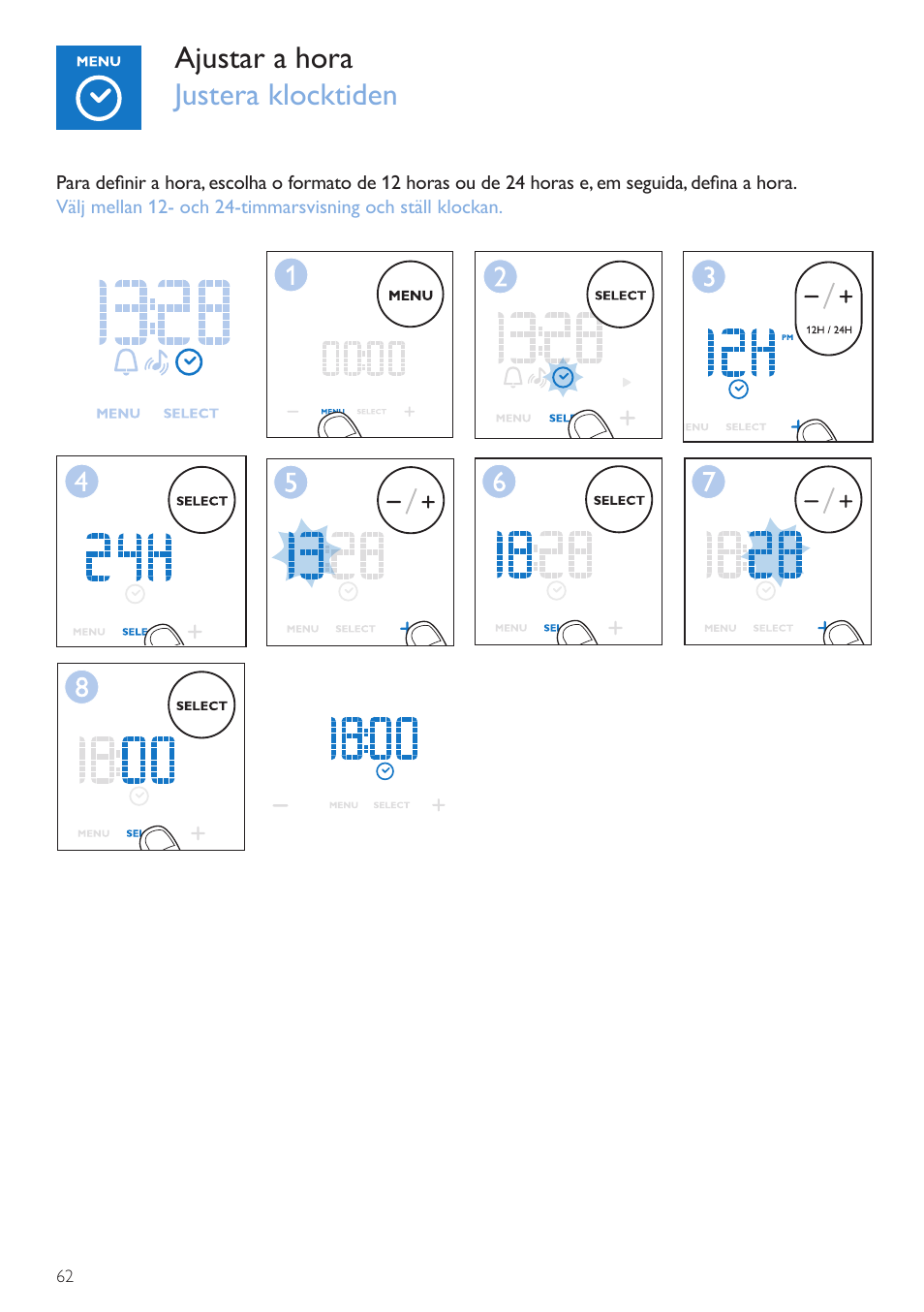 Definição da hora do relógio, Ställa in klocktiden, Ajustar a hora justera klocktiden | Philips Wake-up Light User Manual | Page 62 / 72