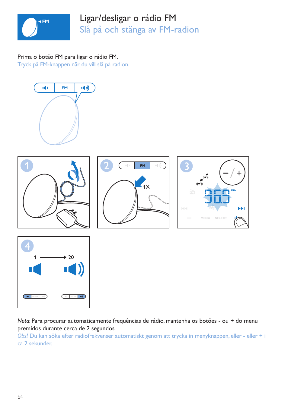 Botão ligar/desligar do, Rádio, På/av-knapp för radio | Philips Wake-up Light User Manual | Page 64 / 72