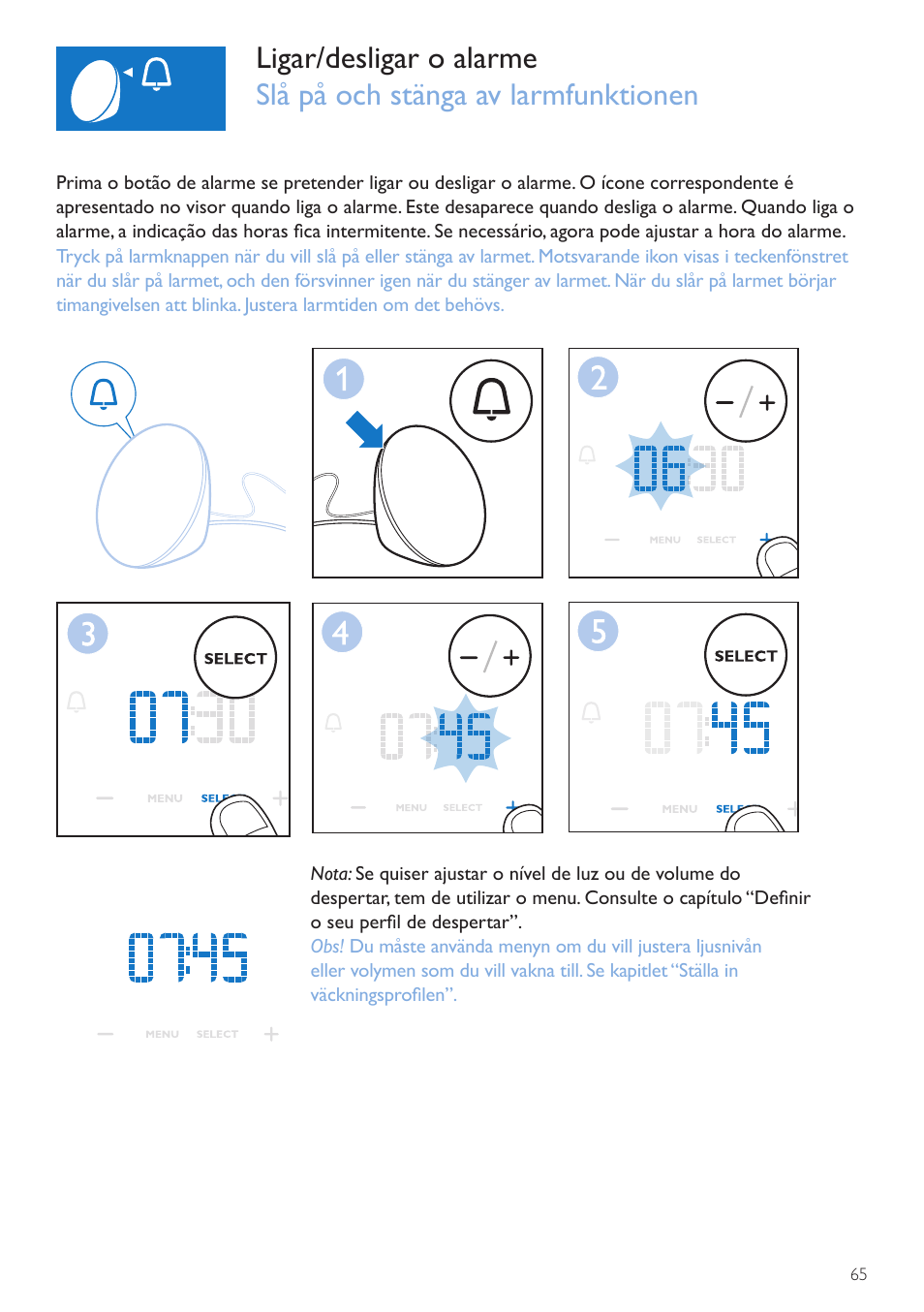 Botão ligar/desligar do, Alarme, På/av-knapp för alarm | Philips Wake-up Light User Manual | Page 65 / 72