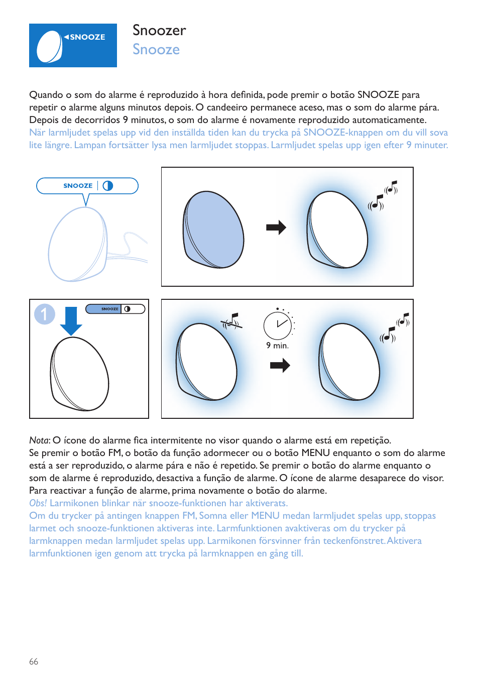 Snooze, Insomningsfunktion, Snoozer snooze | Philips Wake-up Light User Manual | Page 66 / 72