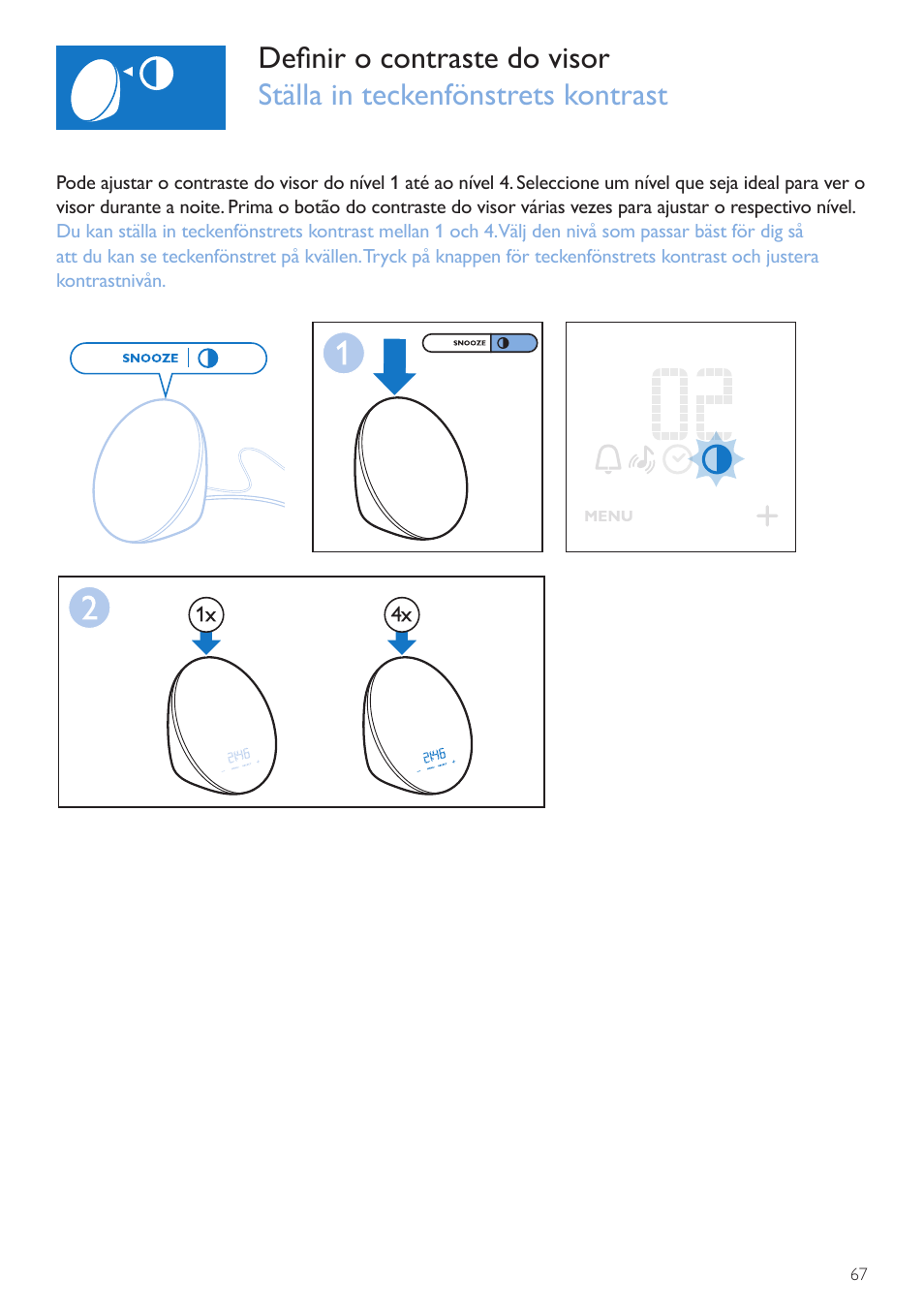 Contraste do visor, Teckenfönstrets kontrast | Philips Wake-up Light User Manual | Page 67 / 72