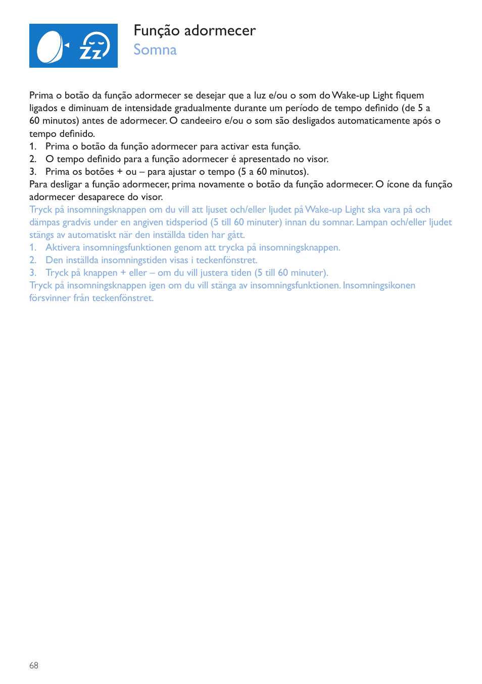 Botão da função, Adormecer, Insomningsknapp | Função adormecer somna | Philips Wake-up Light User Manual | Page 68 / 72