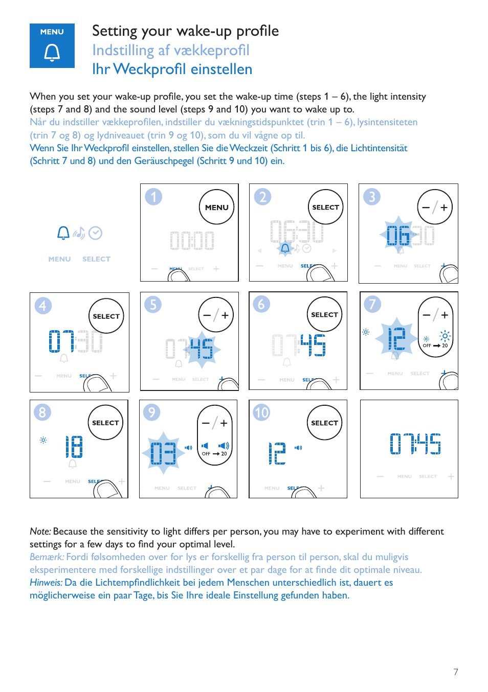 Wake-up profile, Vækkeprofil, Weckprofil | Philips Wake-up Light User Manual | Page 7 / 72