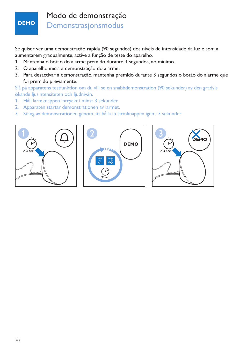 Suporte, Support, Modo de demonstração demonstrasjonsmodus | Philips Wake-up Light User Manual | Page 70 / 72