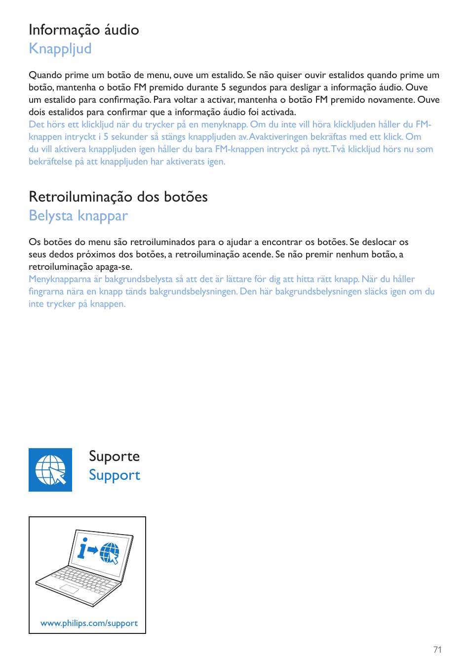 Informação áudio knappljud, Retroiluminação dos botões belysta knappar, Suporte support | Philips Wake-up Light User Manual | Page 71 / 72