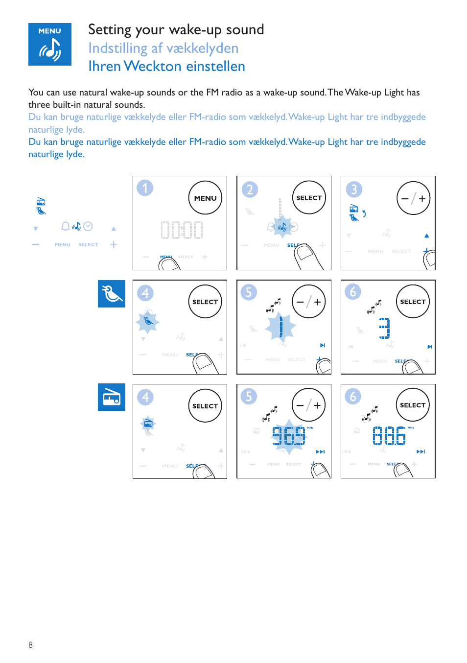 Wake-up sound, Opvågningslyd, Weckton | Philips Wake-up Light User Manual | Page 8 / 72