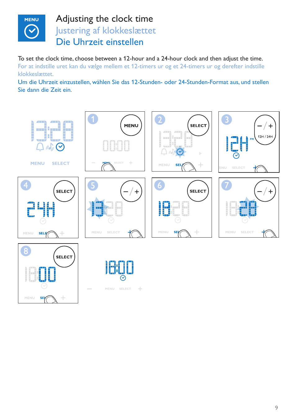 Setting clock time, Indstilling af klokkeslæt, Die uhrzeit einstellen | Philips Wake-up Light User Manual | Page 9 / 72