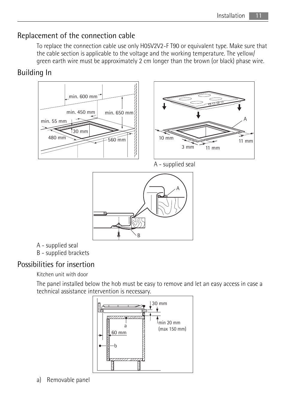 Replacement of the connection cable, Building in, Possibilities for insertion | AEG HG654440SM User Manual | Page 11 / 24