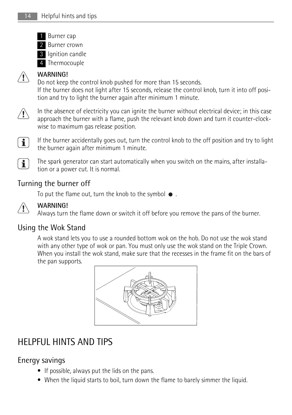 Helpful hints and tips, Turning the burner off, Using the wok stand | Energy savings | AEG HG654440SM User Manual | Page 14 / 24