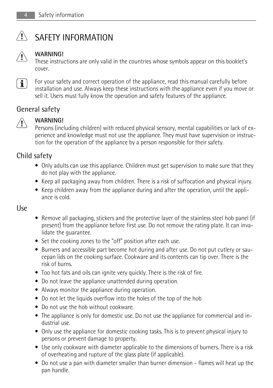 Safety information, General safety, Child safety | AEG HG654440SM User Manual | Page 4 / 24