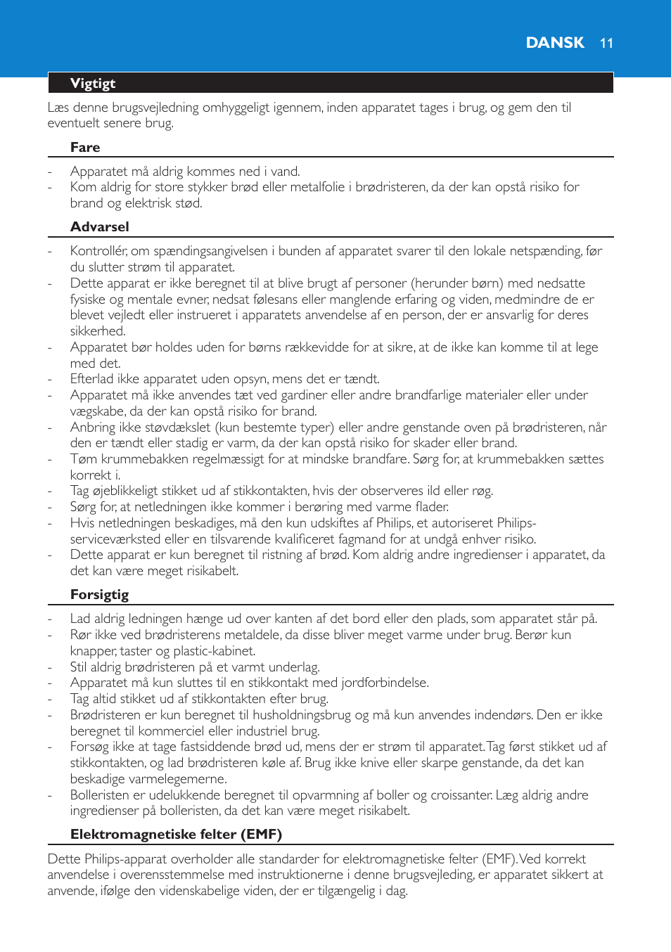 Dansk, Vigtigt, Fare | Advarsel, Forsigtig, Elektromagnetiske felter (emf) | Philips Pure Essentials Collection Tostadora User Manual | Page 11 / 84