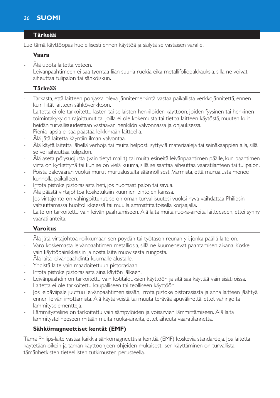 Suomi, Tärkeää, Vaara | Varoitus, Sähkömagneettiset kentät (emf), Laitteen osat (kuva 1) | Philips Pure Essentials Collection Tostadora User Manual | Page 26 / 84