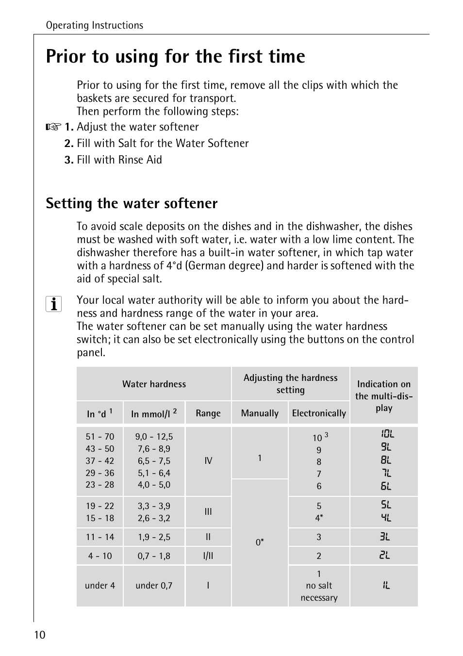 Prior to using for the first time, Setting the water softener | AEG FAVORIT 50760 I User Manual | Page 10 / 44