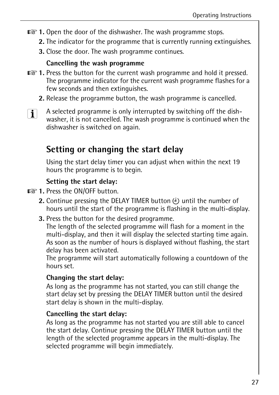 Setting or changing the start delay | AEG FAVORIT 50760 I User Manual | Page 27 / 44