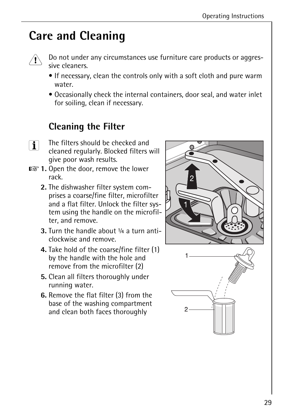 Care and cleaning, Cleaning the filter | AEG FAVORIT 50760 I User Manual | Page 29 / 44