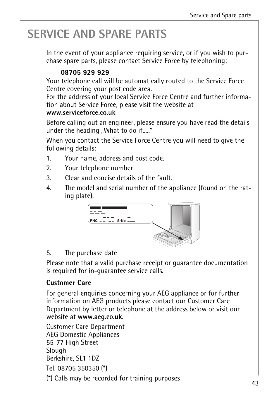 Service and spare parts | AEG FAVORIT 50760 I User Manual | Page 43 / 44
