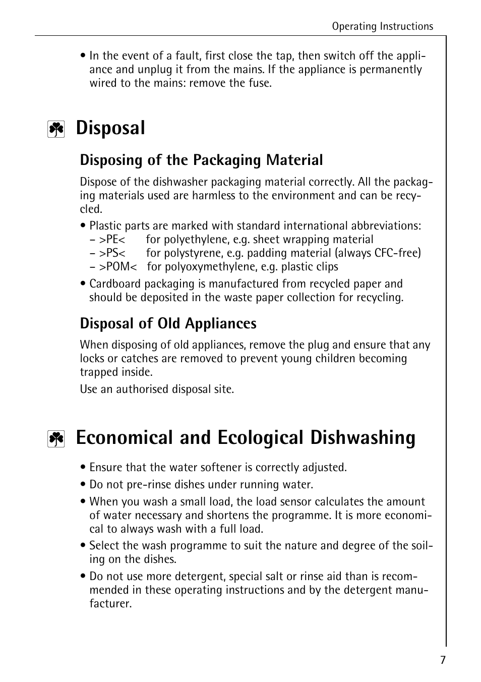 Disposal, Economical and ecological dishwashing, Disposing of the packaging material | Disposal of old appliances | AEG FAVORIT 50760 I User Manual | Page 7 / 44