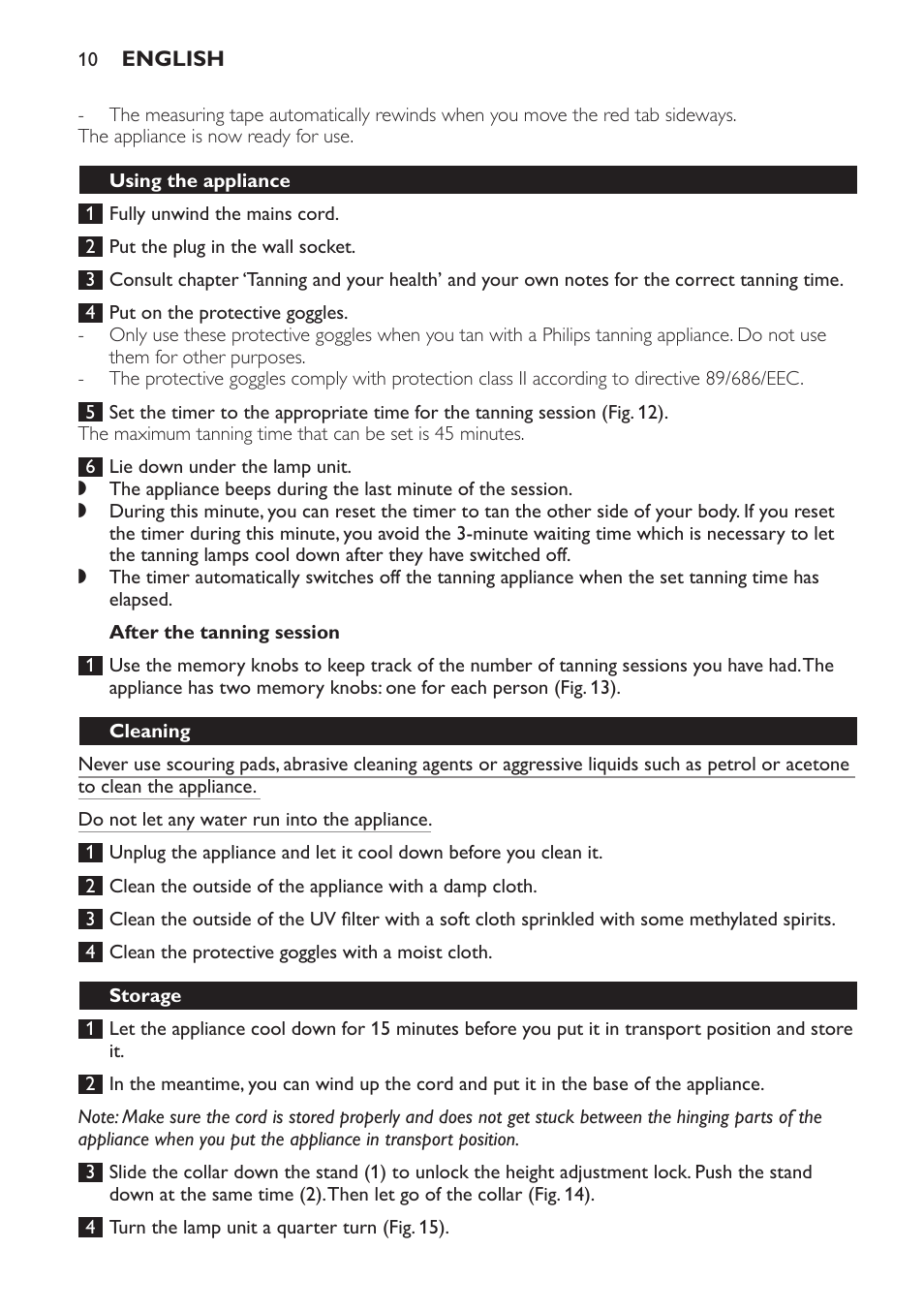 After the tanning session, Cleaning, Storage | Philips Solárium de cuerpo entero plegable User Manual | Page 10 / 116