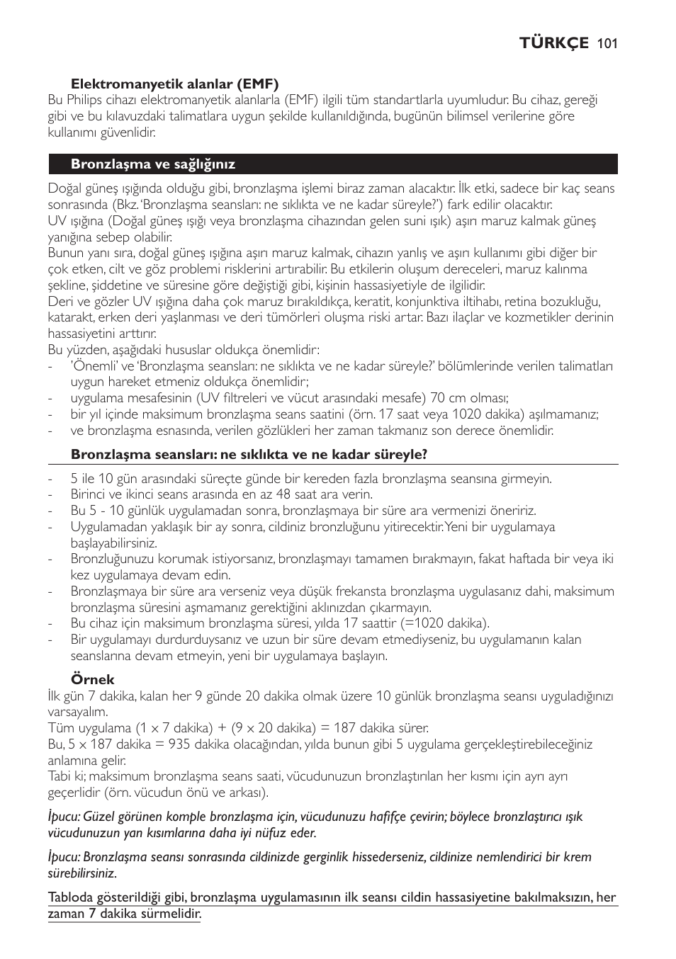 Örnek | Philips Solárium de cuerpo entero plegable User Manual | Page 101 / 116