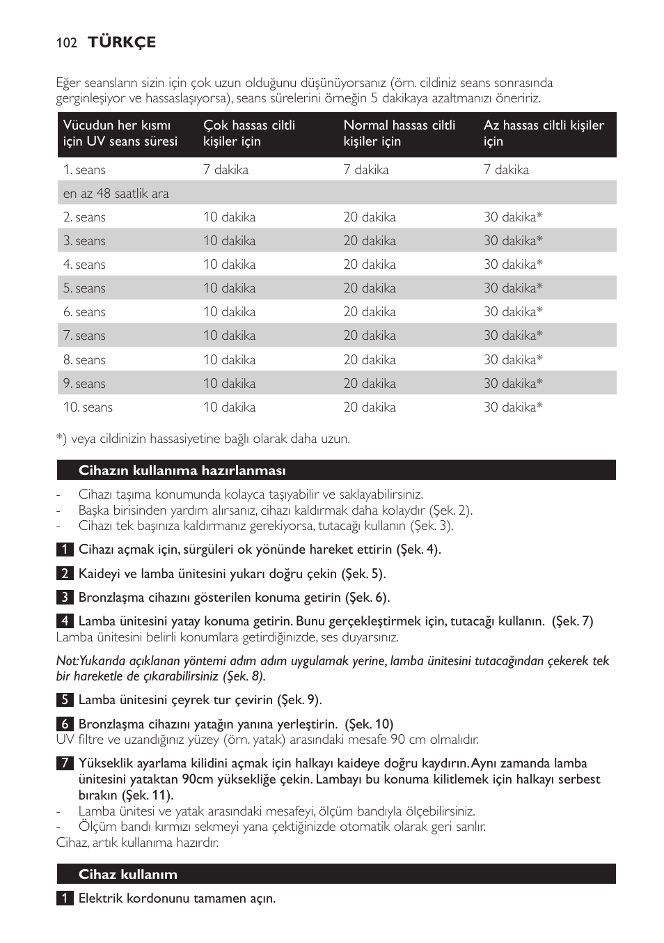 Cihazın kullanıma hazırlanması, Cihaz kullanım | Philips Solárium de cuerpo entero plegable User Manual | Page 102 / 116