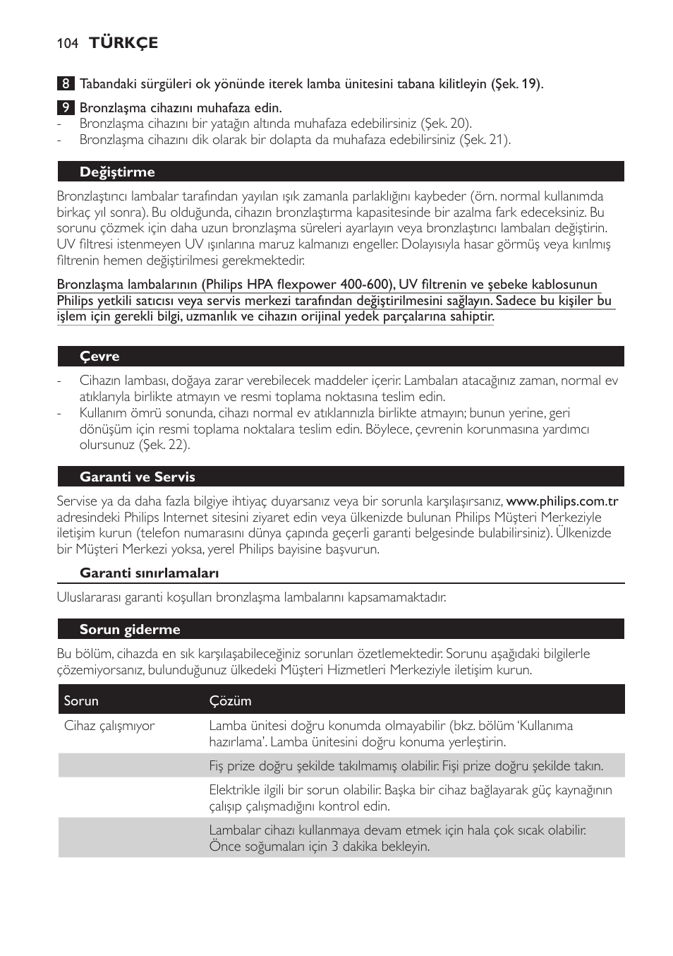 Değiştirme, Çevre, Garanti ve servis | Garanti sınırlamaları, Sorun giderme | Philips Solárium de cuerpo entero plegable User Manual | Page 104 / 116