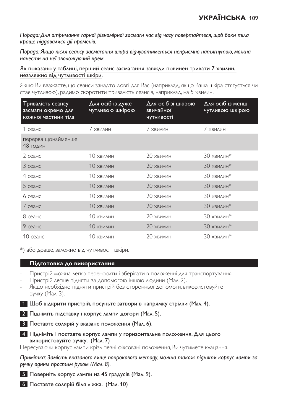 Підготовка до використання | Philips Solárium de cuerpo entero plegable User Manual | Page 109 / 116