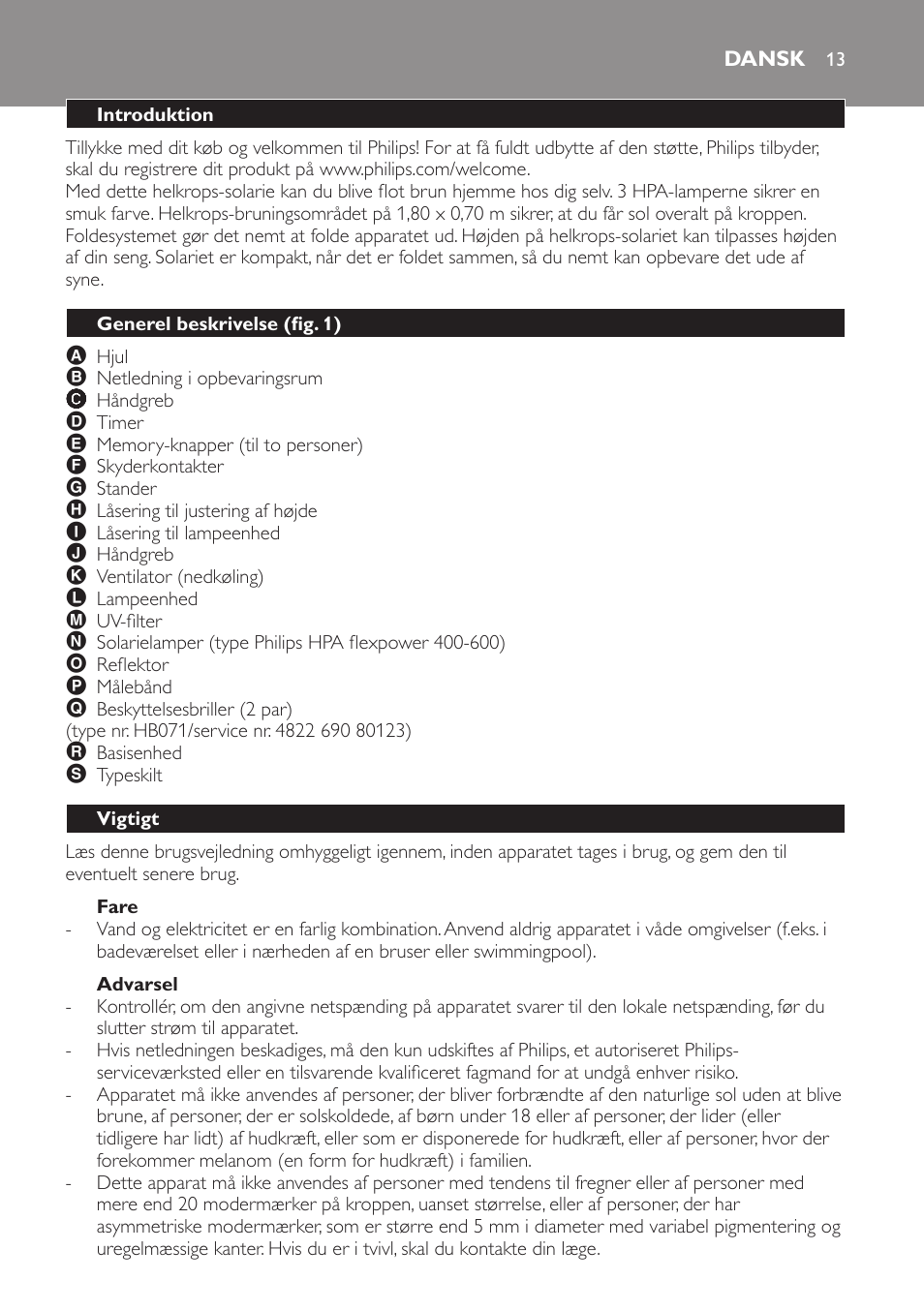 Fare, Advarsel, Dansk | Introduktion, Generel beskrivelse (fig. 1), Vigtigt | Philips Solárium de cuerpo entero plegable User Manual | Page 13 / 116