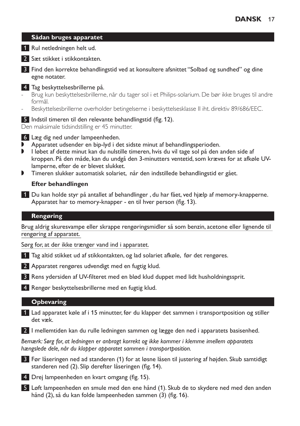 Efter behandlingen, Rengøring, Opbevaring | Philips Solárium de cuerpo entero plegable User Manual | Page 17 / 116