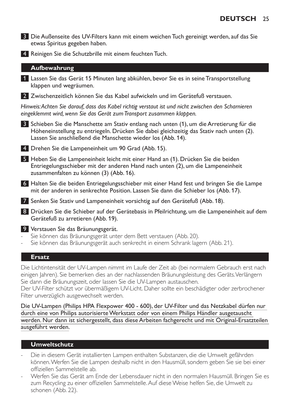 Aufbewahrung, Ersatz, Umweltschutz | Garantie und kundendienst | Philips Solárium de cuerpo entero plegable User Manual | Page 25 / 116
