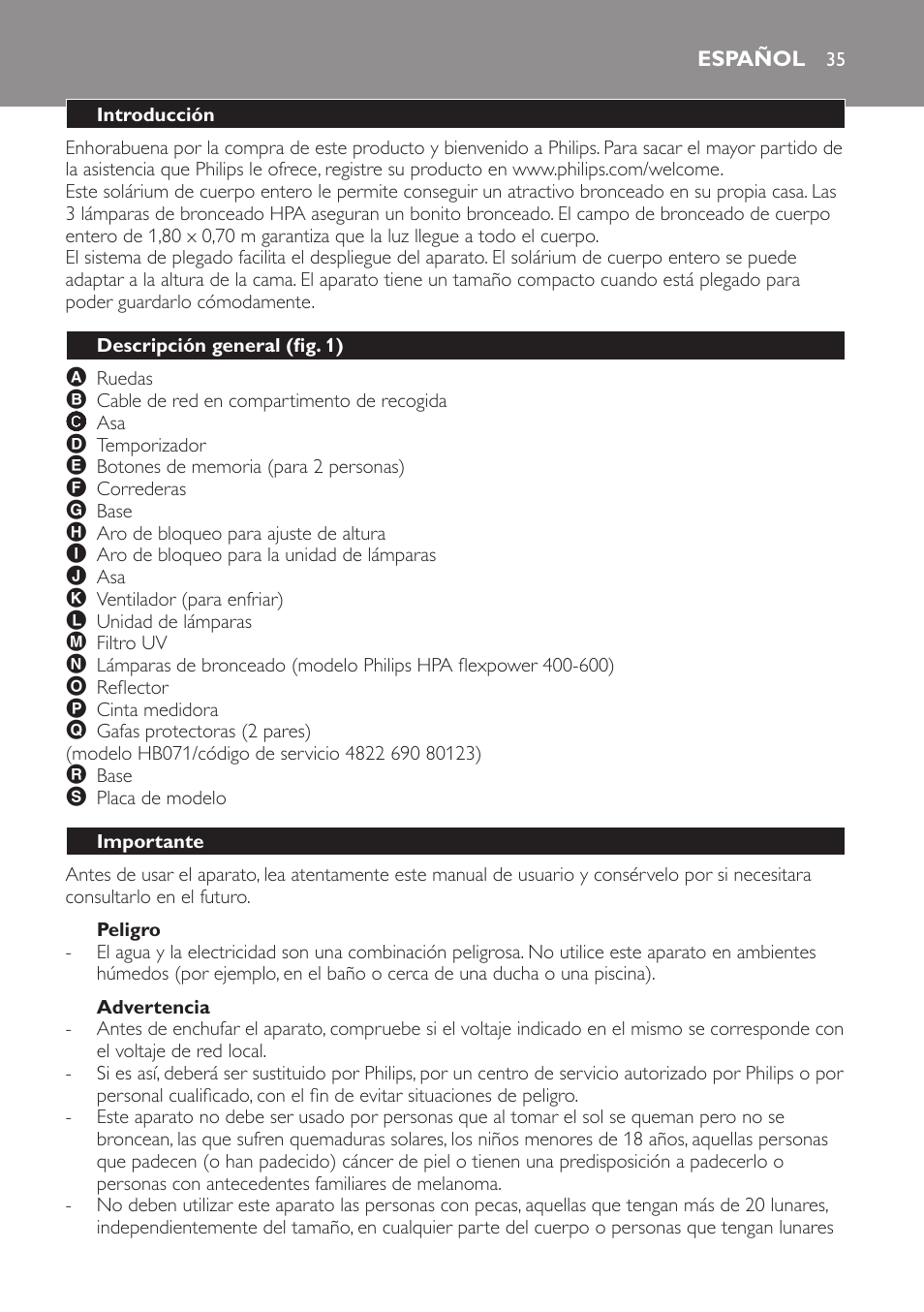 Peligro, Advertencia, Español | Introducción, Descripción general (fig. 1), Importante | Philips Solárium de cuerpo entero plegable User Manual | Page 35 / 116