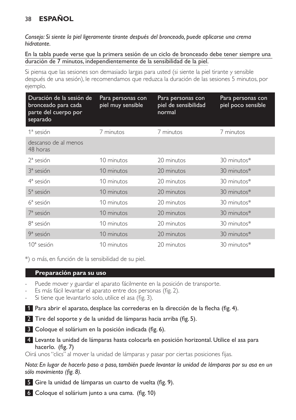 Preparación para su uso | Philips Solárium de cuerpo entero plegable User Manual | Page 38 / 116