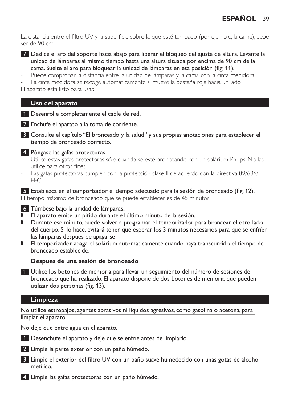 Después de una sesión de bronceado, Uso del aparato, Limpieza | Almacenamiento | Philips Solárium de cuerpo entero plegable User Manual | Page 39 / 116