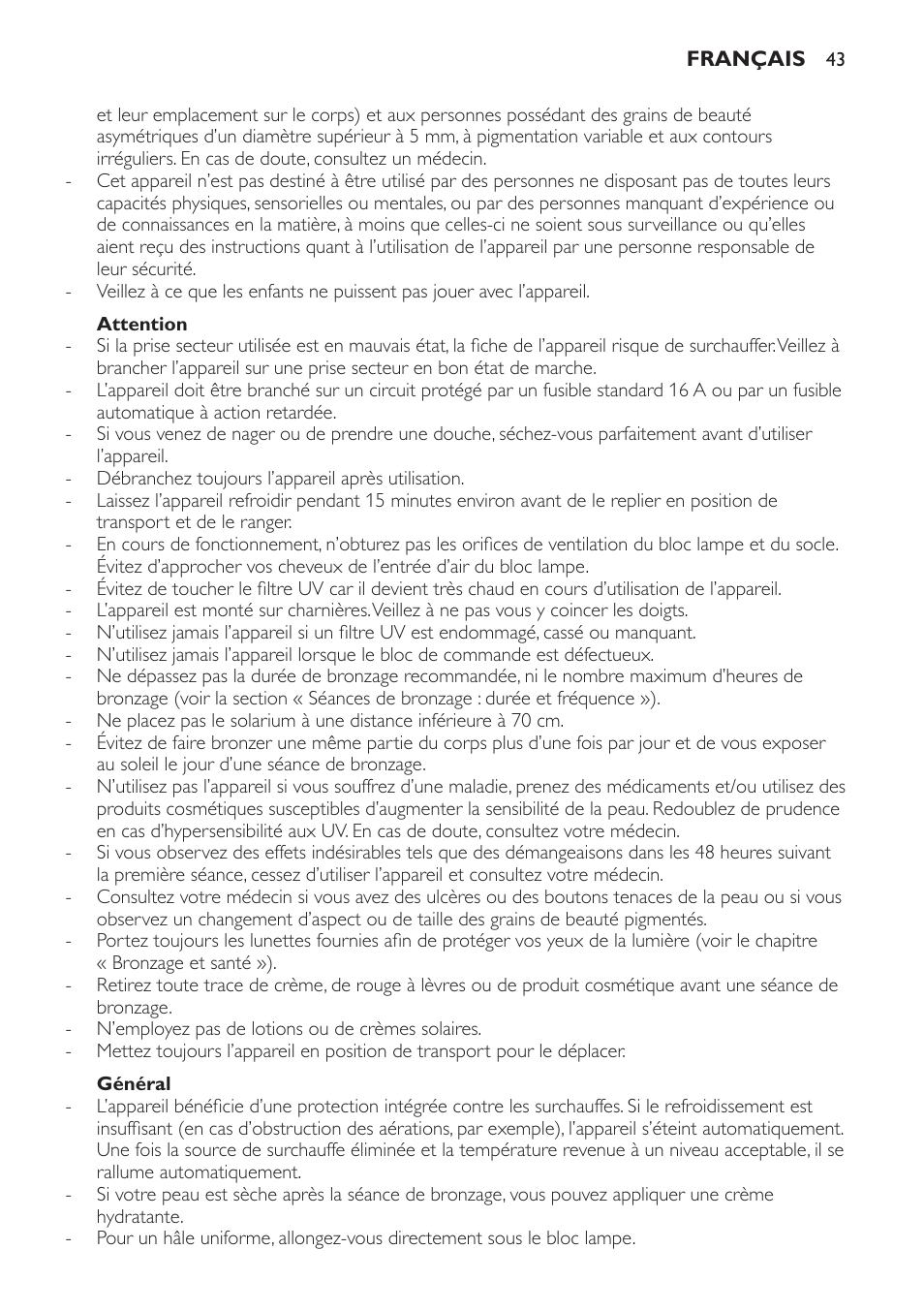 Attention, Général | Philips Solárium de cuerpo entero plegable User Manual | Page 43 / 116