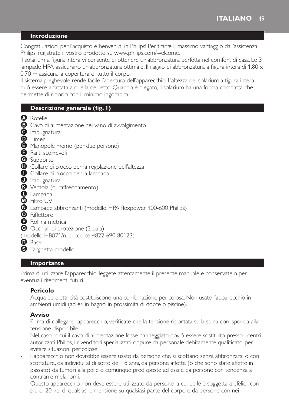 Pericolo, Avviso, Italiano | Introduzione, Descrizione generale (fig. 1), Importante | Philips Solárium de cuerpo entero plegable User Manual | Page 49 / 116