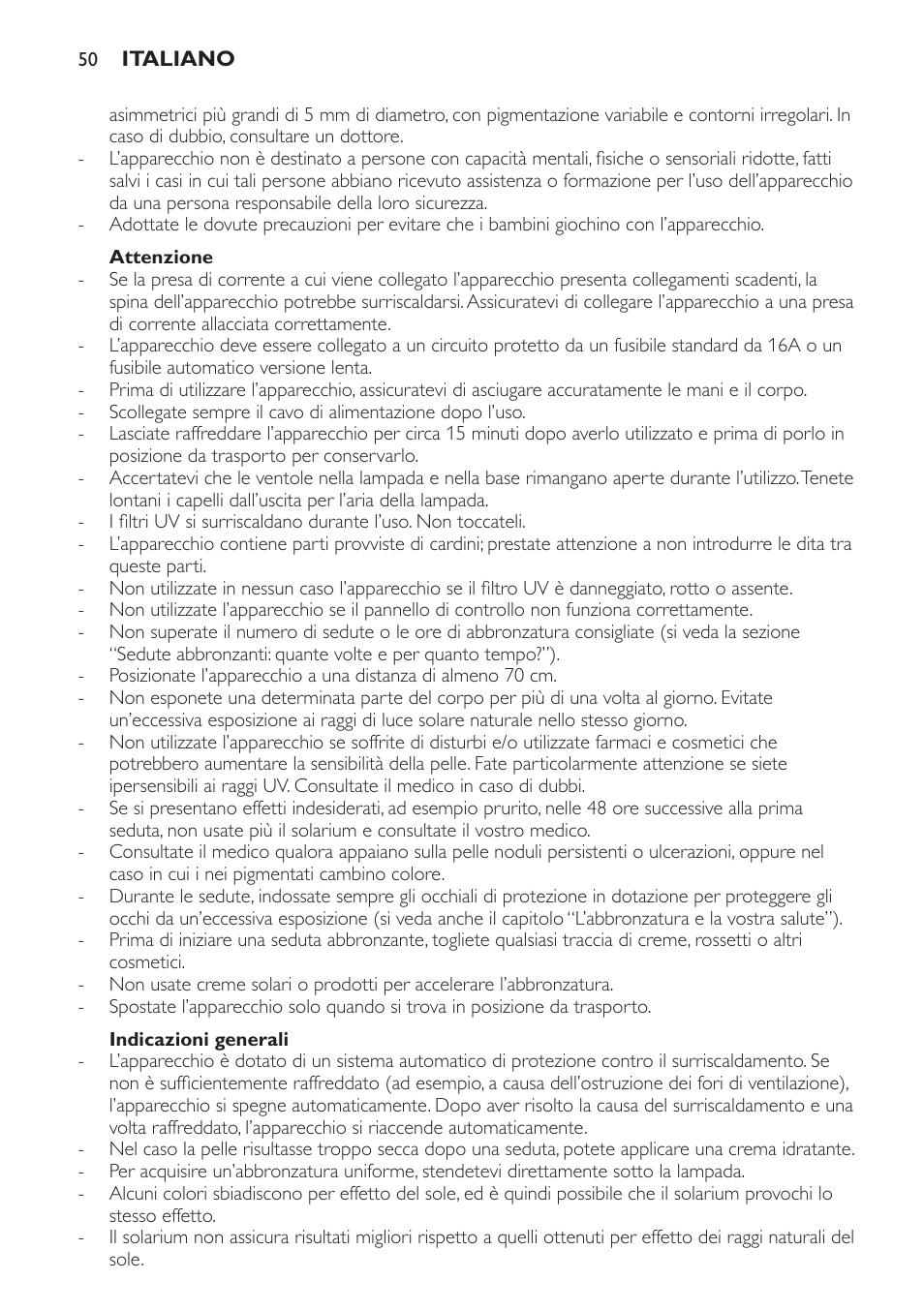 Attenzione, Indicazioni generali, Campi elettromagnetici (emf) | Philips Solárium de cuerpo entero plegable User Manual | Page 50 / 116
