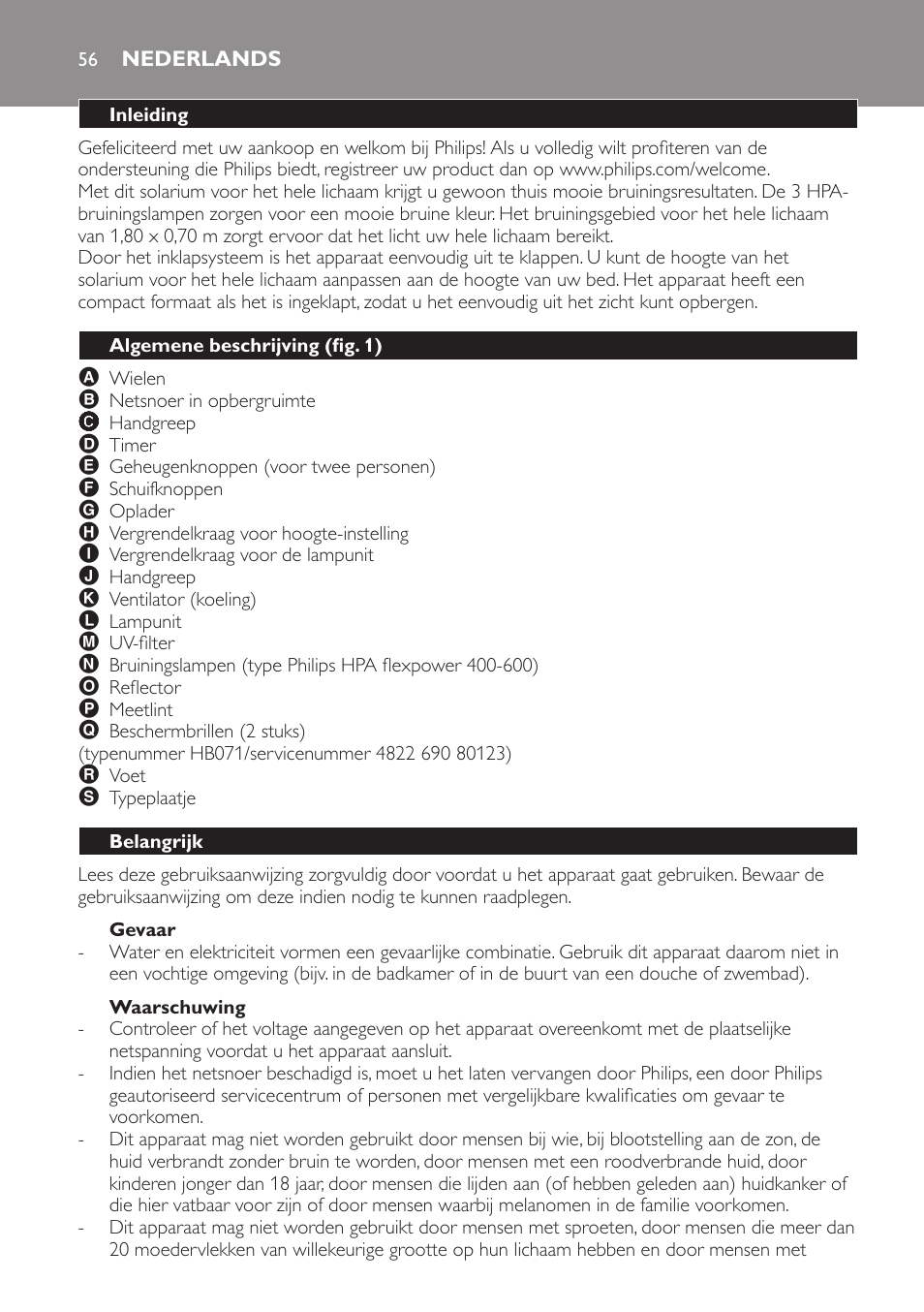 Gevaar, Waarschuwing, Nederlands | Inleiding, Algemene beschrijving (fig. 1), Belangrijk | Philips Solárium de cuerpo entero plegable User Manual | Page 56 / 116