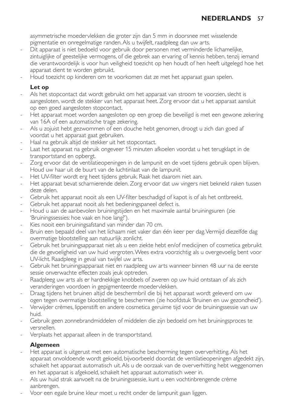 Let op, Algemeen | Philips Solárium de cuerpo entero plegable User Manual | Page 57 / 116