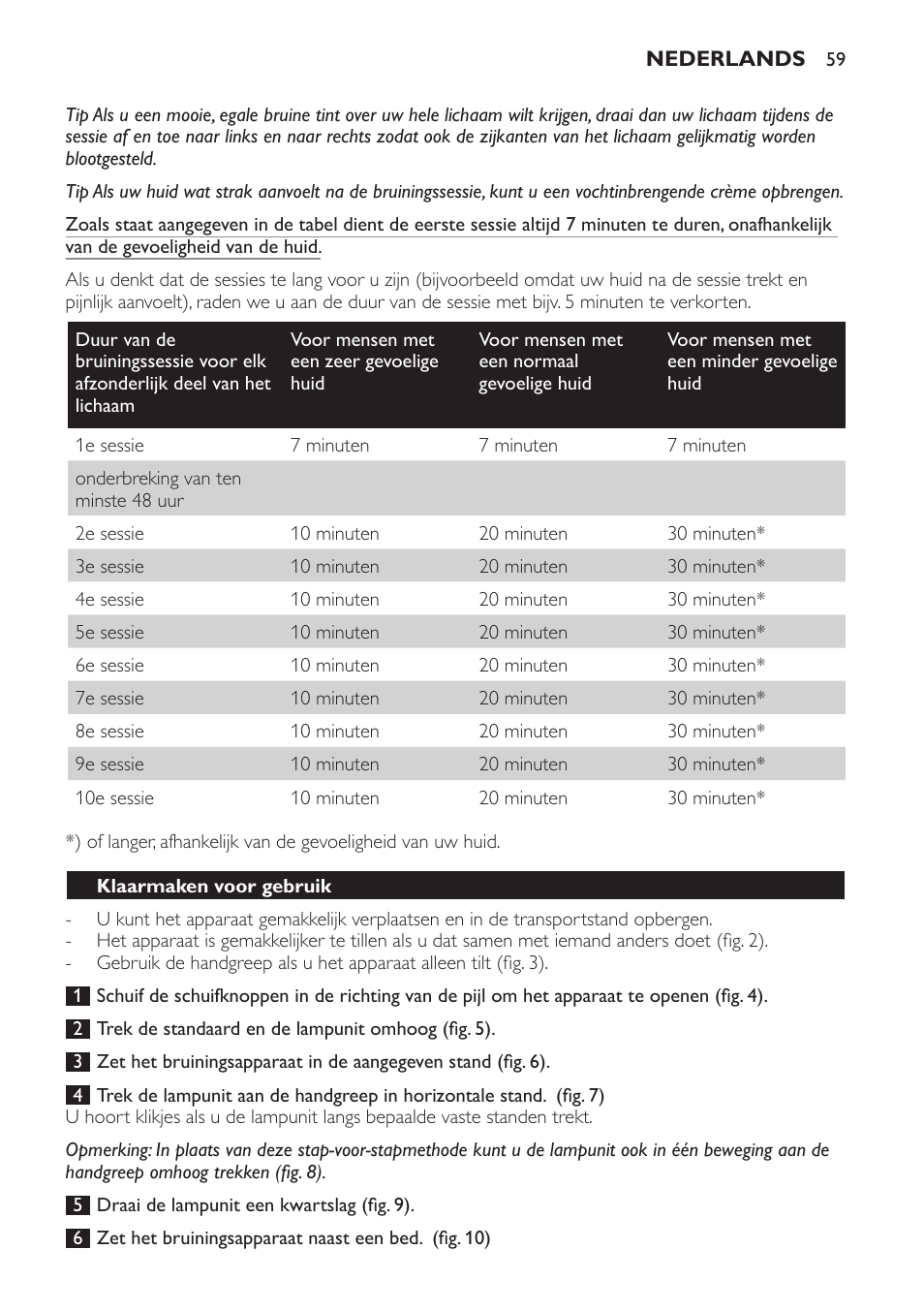 Klaarmaken voor gebruik | Philips Solárium de cuerpo entero plegable User Manual | Page 59 / 116