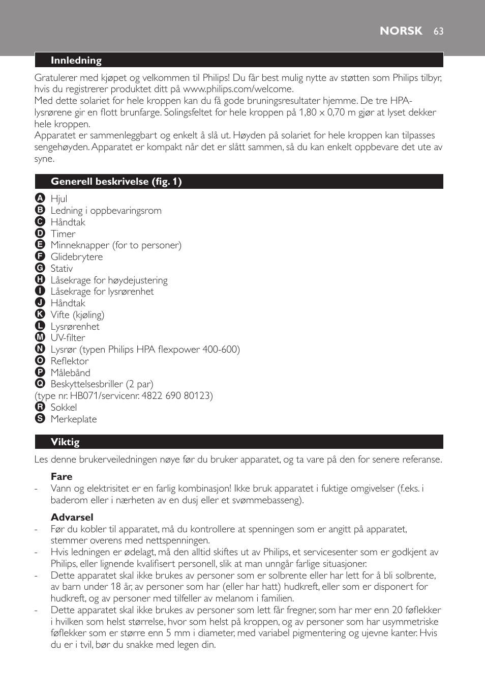 Fare, Advarsel, Norsk | Innledning, Generell beskrivelse (fig. 1), Viktig | Philips Solárium de cuerpo entero plegable User Manual | Page 63 / 116