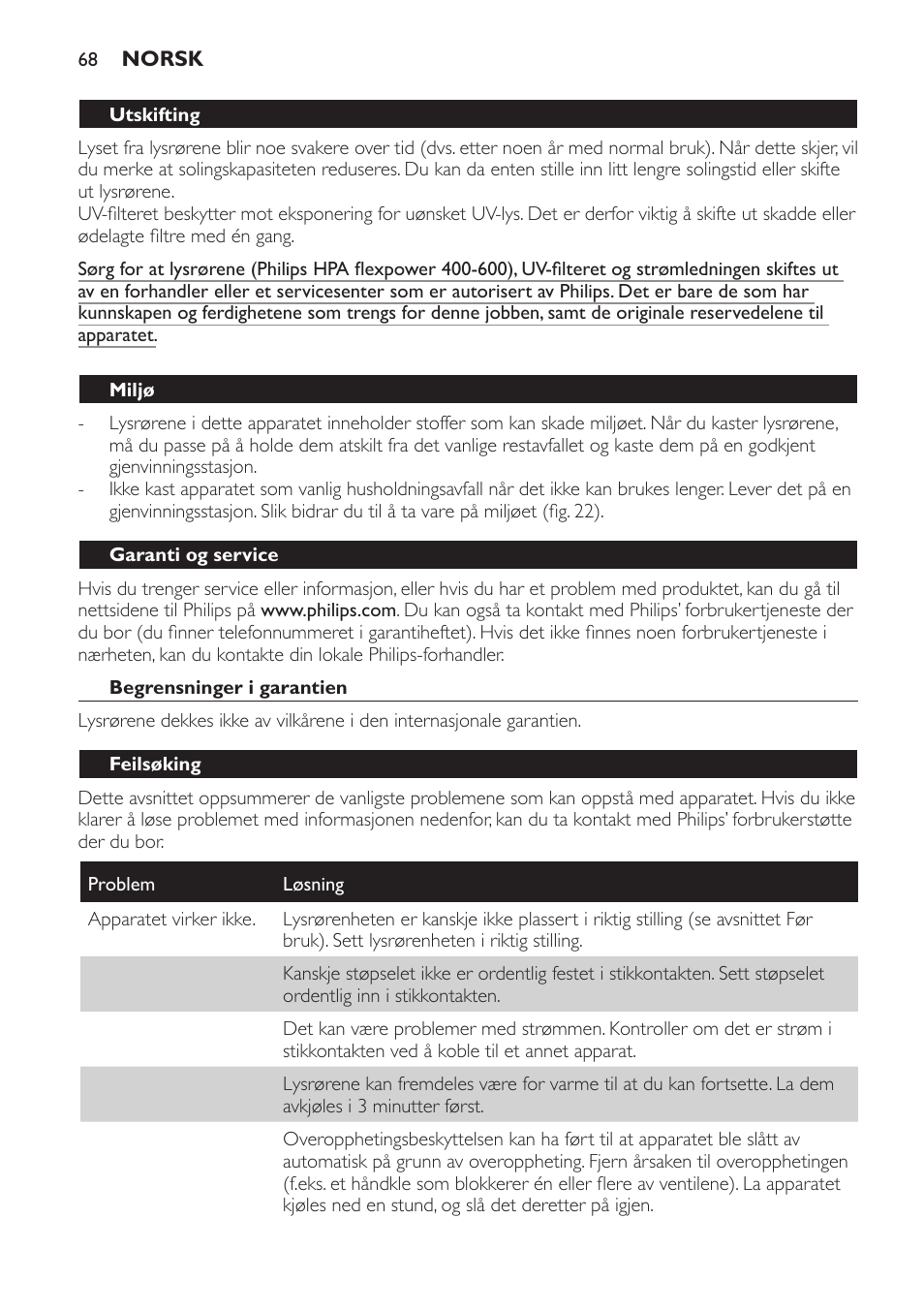 Miljø, Garanti og service, Begrensninger i garantien | Feilsøking | Philips Solárium de cuerpo entero plegable User Manual | Page 68 / 116