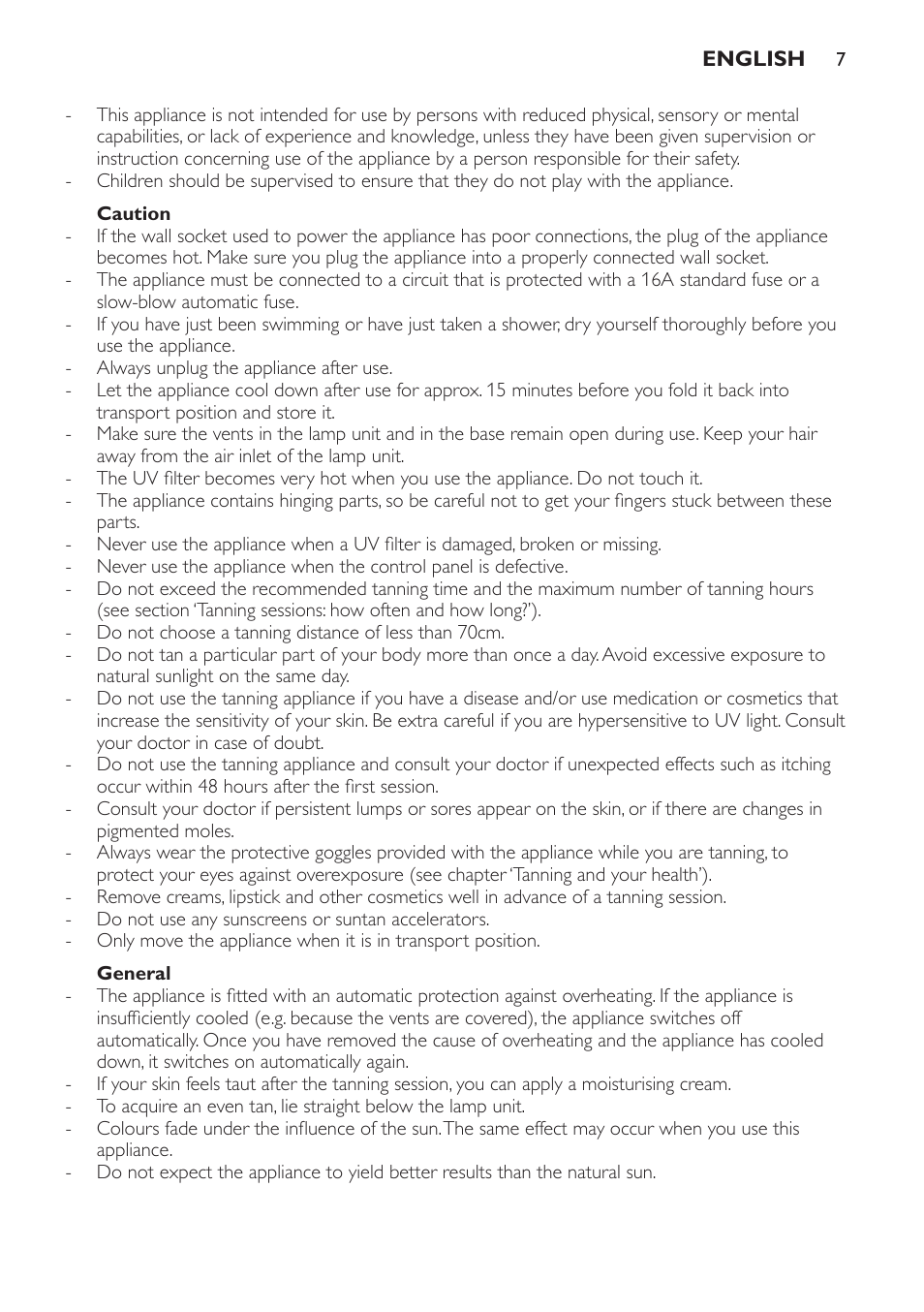 Caution, General, Electromagnetic fields (emf) | Philips Solárium de cuerpo entero plegable User Manual | Page 7 / 116