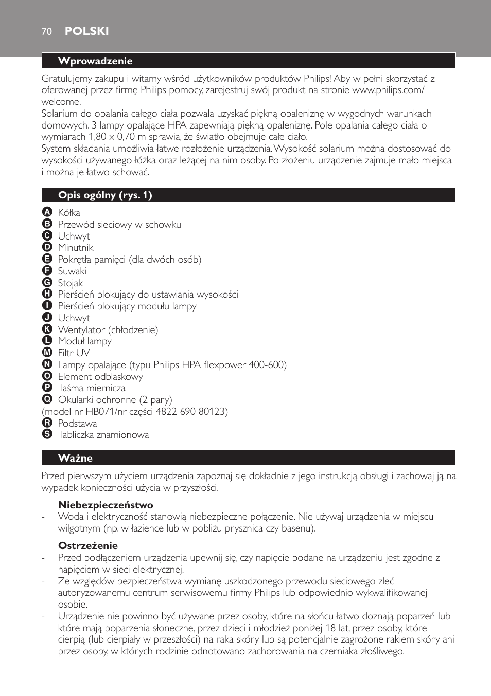Niebezpieczeństwo, Ostrzeżenie, Polski | Wprowadzenie, Opis ogólny (rys. 1), Ważne | Philips Solárium de cuerpo entero plegable User Manual | Page 70 / 116