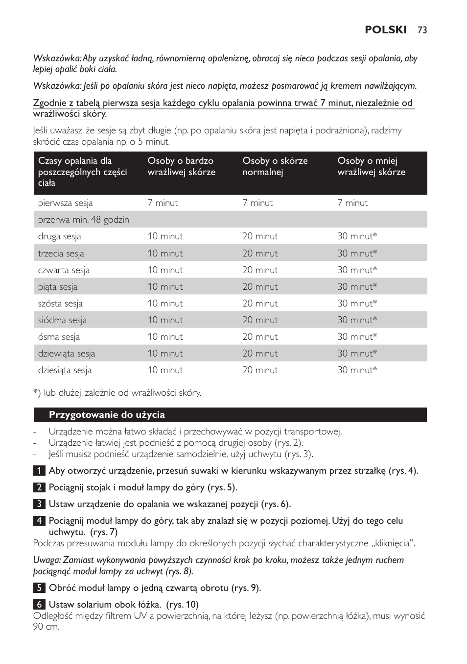 Przygotowanie do użycia | Philips Solárium de cuerpo entero plegable User Manual | Page 73 / 116