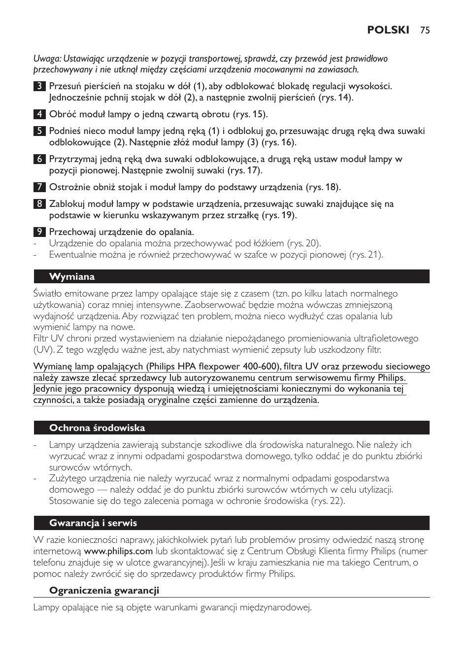 Wymiana, Ochrona środowiska, Gwarancja i serwis | Ograniczenia gwarancji, Rozwiązywanie problemów | Philips Solárium de cuerpo entero plegable User Manual | Page 75 / 116