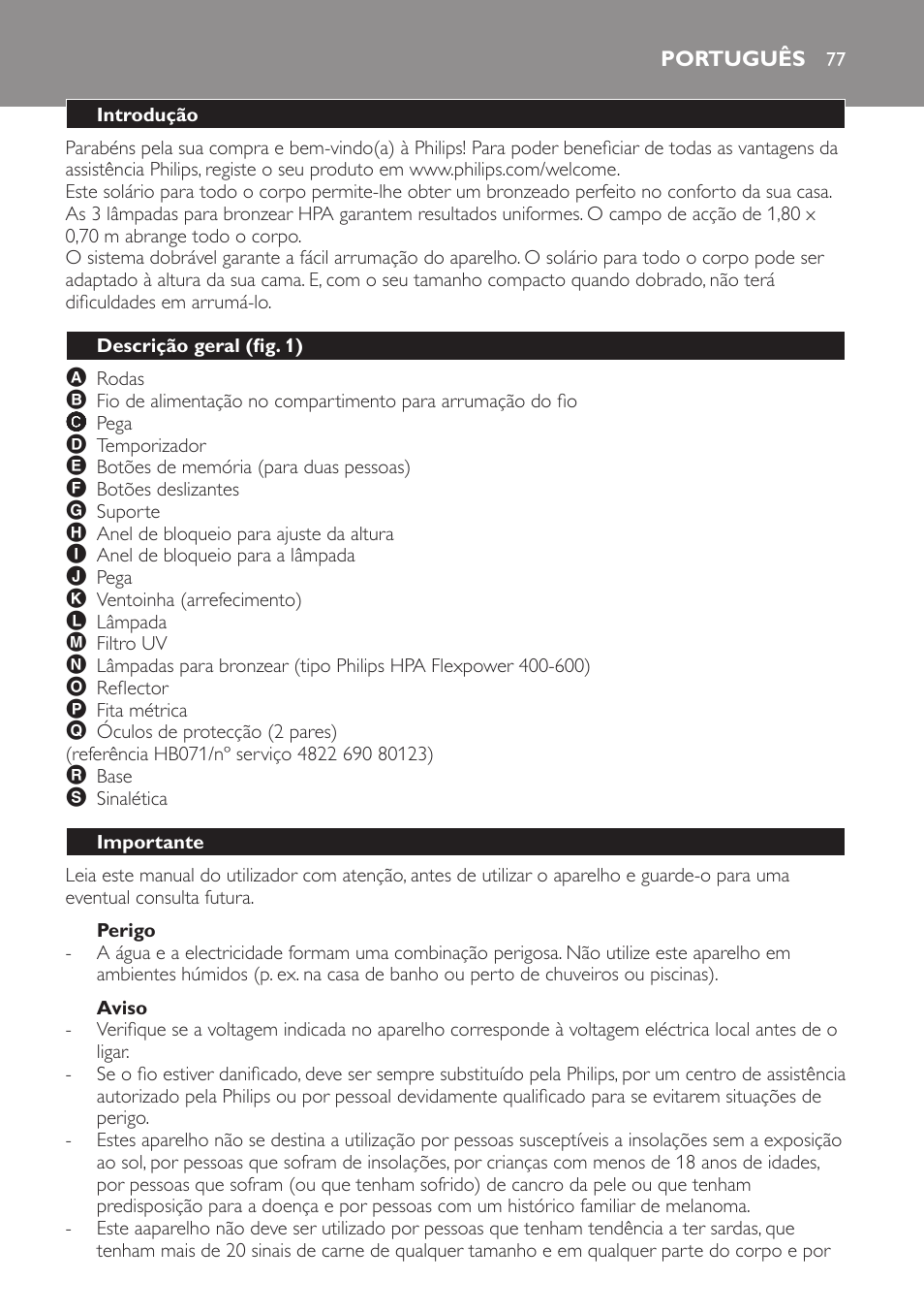 Perigo, Aviso, Português | Introdução, Descrição geral (fig. 1), Importante | Philips Solárium de cuerpo entero plegable User Manual | Page 77 / 116