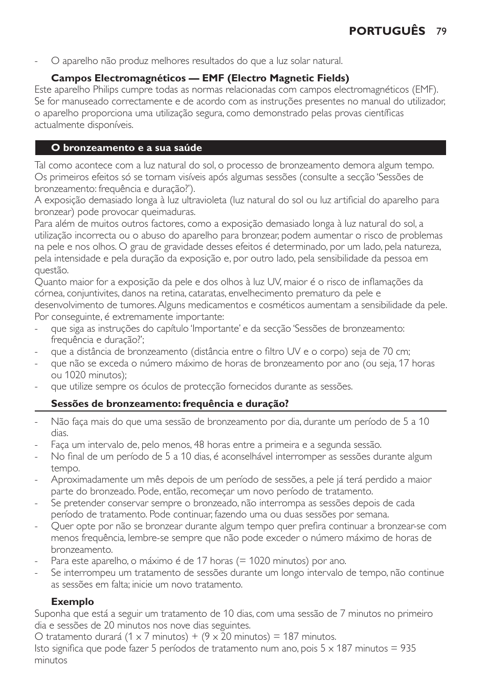 O bronzeamento e a sua saúde, Sessões de bronzeamento: frequência e duração, Exemplo | Philips Solárium de cuerpo entero plegable User Manual | Page 79 / 116