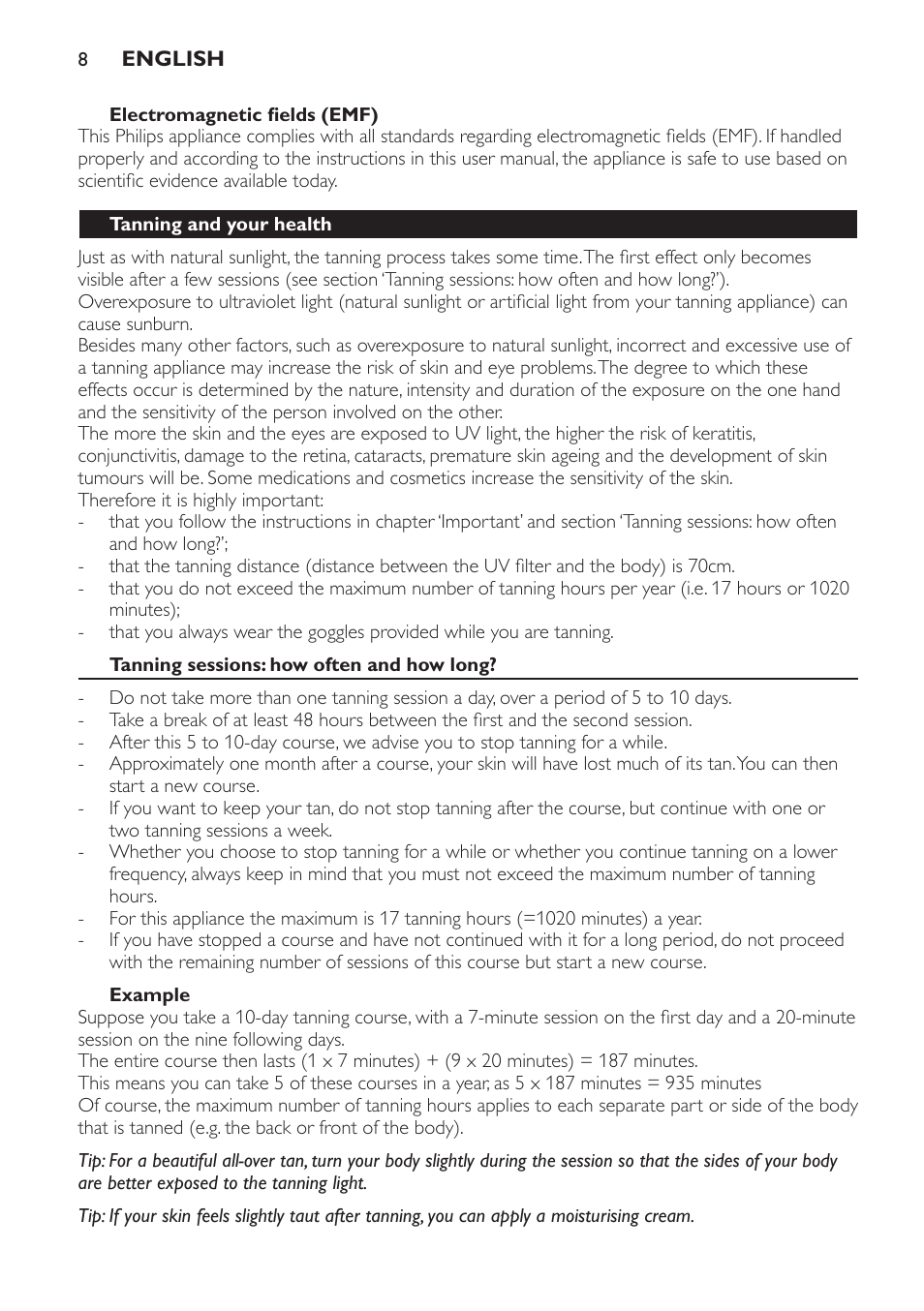 Tanning and your health, Tanning sessions: how often and how long, Example | Philips Solárium de cuerpo entero plegable User Manual | Page 8 / 116